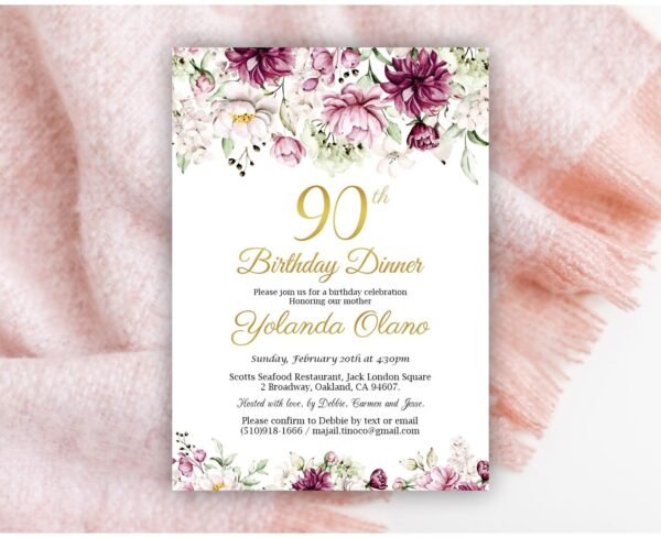90th Birthday welcome sign for woman, Adult birthday decoration, Wedding sign, Pink and Burgundy Foral, Peonies, Printable sign - Image 4