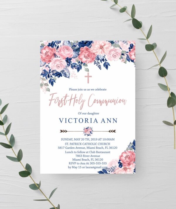 First communion welcome sign girl and boy, communion printable sign, Communion decoration, Floral blush navy - Image 3
