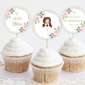 First Holy Communion Cupcake Toppers 1st Communion Girl Printable First Communion Decoration Floral Greenery Watercolor Editable FC12