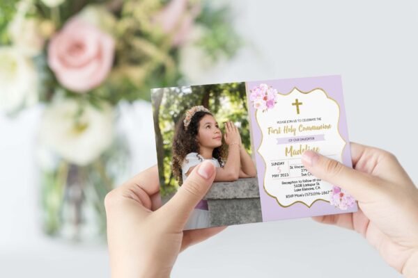 Girl First Communion Invitation girl Lilac Photo Printable Invitation Floral Watercolor, Lilac and gold, Editable Template, FC03 - Image 2