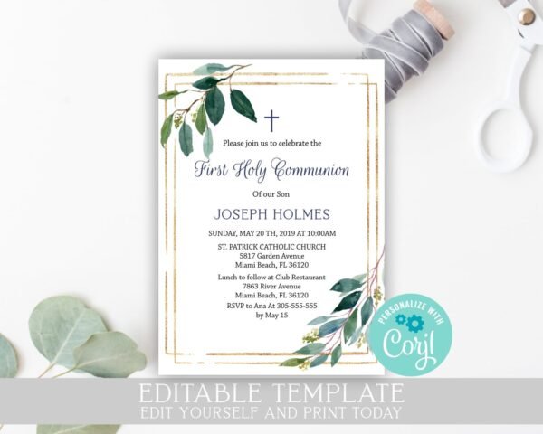 Greenery Place Cards First Holy Communion, Communion Seating cards, Communion Name Card, Editable Template, Printable, Table Decor, FC04 - Image 4