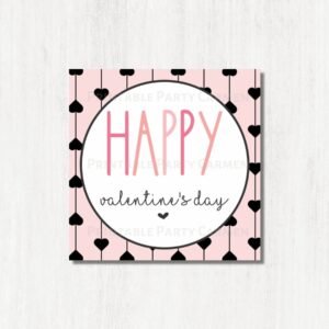 Valentine's day gift tag. Happy Valentines Day tag. Printable Cookie Square tag. School valentine. Pink and black hearts, Instant download.