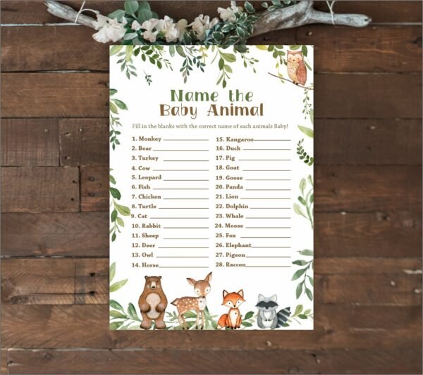 Name the baby animal game, Woodland Baby Shower Games, Printable Baby Shower Games, Forest Baby Shower, Gender neutral, Instant download
