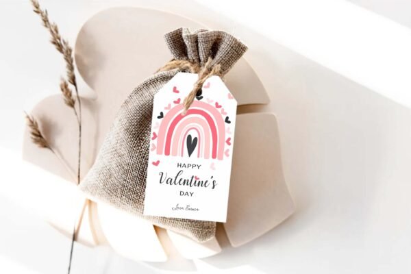 Rainbow Happy Valentine's Day Gift Tag, Boho Valentine's Gift Tag, Red Hearts, Printable PDF, Instant download, Editable template