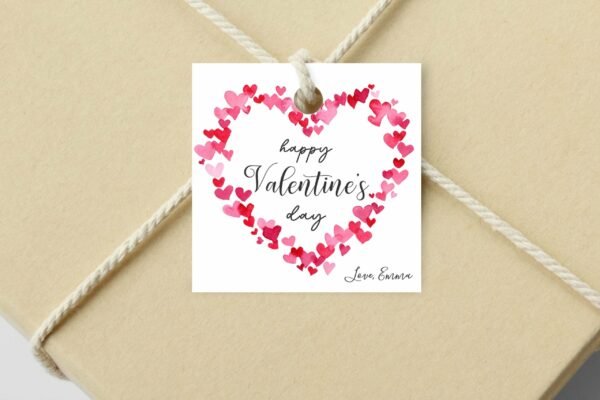 Hearts Valentines Day Tag, Boho Valentines Day Tag, Happy Valentines Day Printable favor tag, Editable Template, Red and pink Hearts