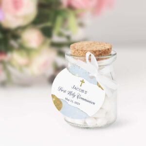 Boy First Communion Favor Tags Editable Template Printable Tags Round Favor Tags Watercolor Sky Blue and Gold FC11