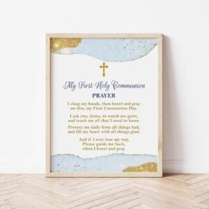 Boy First Holy Communion Prayer Religious Prayer Watercolor Sky Blue and gold, Communion Decoration, Instant Download, FC11