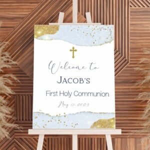 Boy First Communion Welcome Sign 1st Communion Poster Communion Decoration Printable Sign, Watercolor Sky Blue and gold, FC11