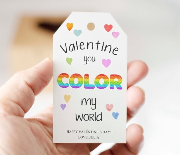 Valentine's Day Printable Tag Template, Valentines you color my world, Kids Valentines, Rainbow Valentines, classroom valentines, Editable