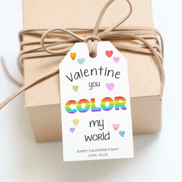 Valentine's Day Printable Tag Template, Valentines you color my world, Kids Valentines, Rainbow Valentines, classroom valentines, Editable - Image 2
