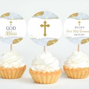 Cupcake Toppers Boy First Communion Printable Cupcake Toppers First Holy Communion Cupcake decorations light blue and gold FC11