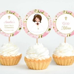 Cupcake Toppers Girl 1st Communion Printable Editable Template