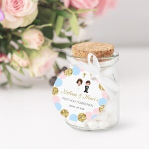 First Holy Communion Favor Tags, Siblings Communion, Communion Favors Twins, Printable Tags, Personalized Favor Tags, Polka Dots , FC09
