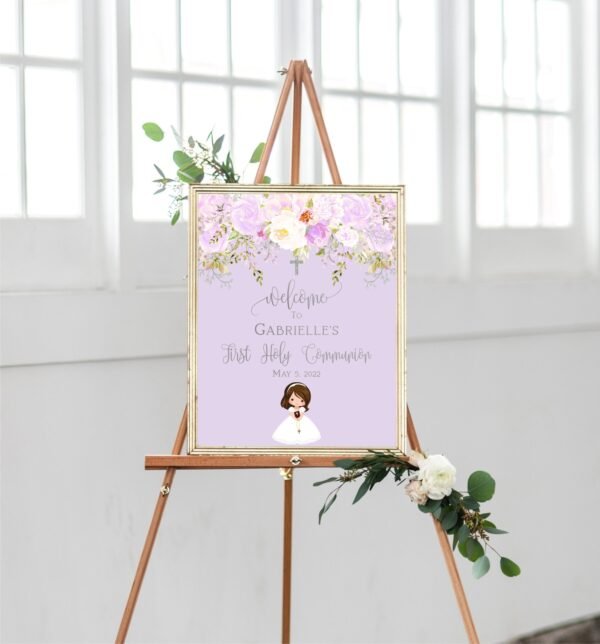 Girl First Communion Invitation girl Lilac Photo Printable Invitation Floral Watercolor, Lilac and gold, Editable Template, FC03 - Image 7