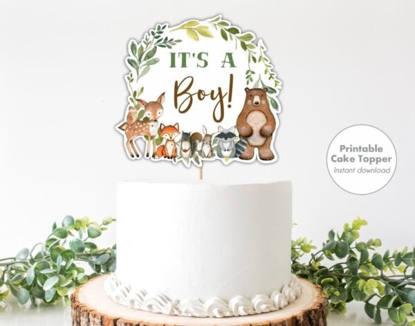 Woodland CAKE TOPPER, I'ts a Boy Baby Shower Cake Topper printable, Woodland animals, Shower Decoration, Centerpiece, Instant download