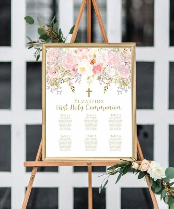 First communion seating chart, girl first communion, personalized seating chart, printable seating plan, blush and gold
