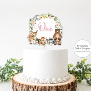 Woodland Cake Topper, Girl Birthday CAKE TOPPER, Woodland Animals Birthday Decoration, Woodland Centerpiece, Printable, Instant download