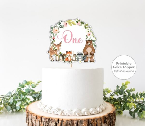 Woodland Cake Topper, Girl Birthday CAKE TOPPER, Woodland Animals Birthday Decoration, Woodland Centerpiece, Printable, Instant download