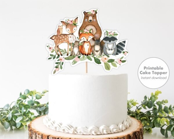 Woodland Cake Topper, Baby Shower Cake Topper Girl, Woodland animals baby shower, Shower Decoration, Birthday, Centerpiece, Instant download