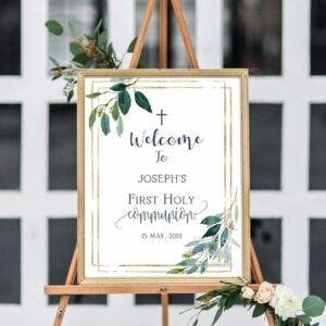 First communion boy welcome sign, 1st communion poster, communion decoration, printable sign, navy and gold
