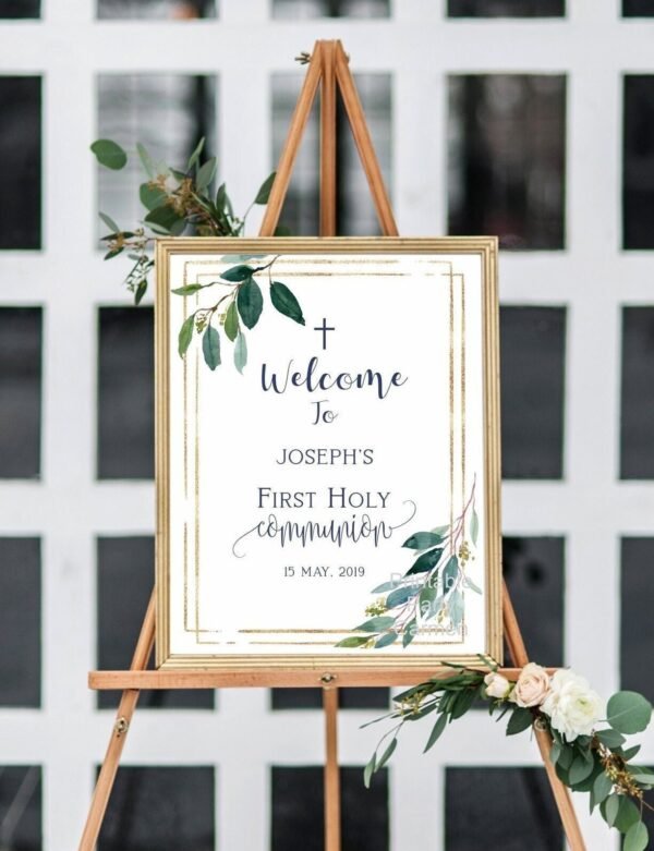 First communion boy welcome sign, 1st communion poster, communion decoration, printable sign, navy and gold