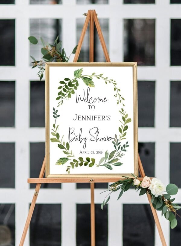 Greenery welcome sign baby shower, watercolor leaves, wreath watercolor, printable welcome sign, bridal shower, shower decoration