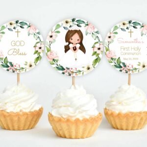 Cupcake Toppers for Girl First Holy Communion 1st Communion Girl Printable First Communion Cake Decoration Floral Wreath Editable FC13