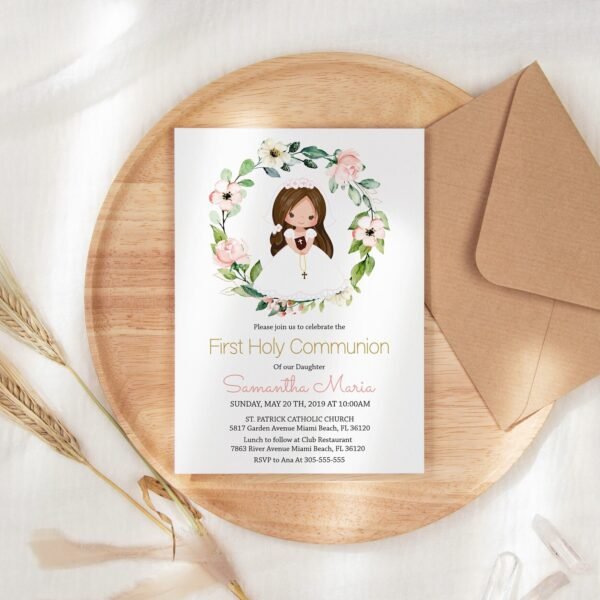 Cupcake Toppers for Girl First Holy Communion 1st Communion Girl Printable First Communion Cake Decoration Floral Wreath Editable FC13 - Image 5