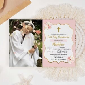 Girl First Holy Communion Photo Invitation, First Holy Communion Card, Floral Bouquet Watercolor Pink and gold, Editable Template, FC01