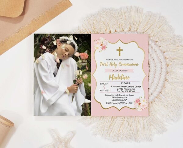 Girl First Holy Communion Photo Invitation, First Holy Communion Card, Floral Bouquet Watercolor Pink and gold, Editable Template, FC01
