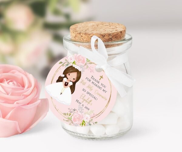 Girl First Holy Communion Photo Invitation, First Holy Communion Card, Floral Bouquet Watercolor Pink and gold, Editable Template, FC01 - Image 5