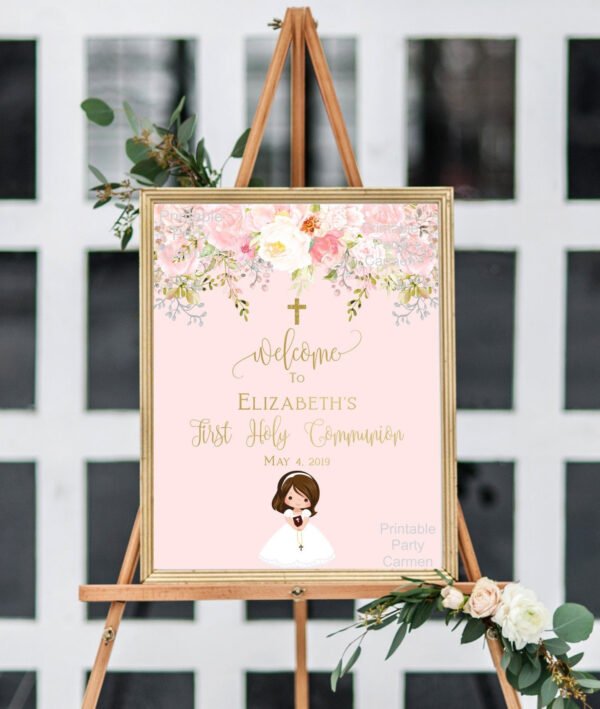Girl First Holy Communion Photo Invitation, First Holy Communion Card, Floral Bouquet Watercolor Pink and gold, Editable Template, FC01 - Image 6