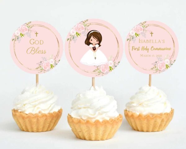 Girl First Holy Communion Photo Invitation, First Holy Communion Card, Floral Bouquet Watercolor Pink and gold, Editable Template, FC01 - Image 9