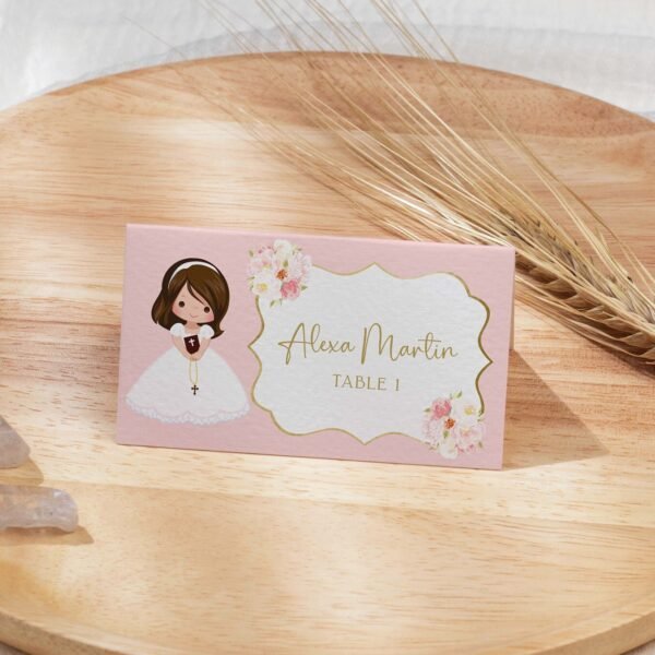 Girl First Holy Communion Photo Invitation, First Holy Communion Card, Floral Bouquet Watercolor Pink and gold, Editable Template, FC01 - Image 8