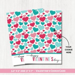Valentines COOKIE CARD. Happy Valentine Cookie Card Printable. Coloring Hearts turquoise and pink. Valentine Cookie Cards. Instant download