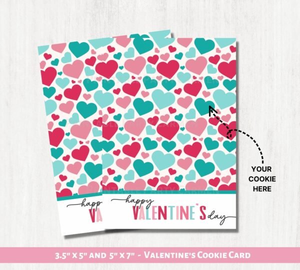 Valentines COOKIE CARD. Happy Valentine Cookie Card Printable. Coloring Hearts turquoise and pink. Valentine Cookie Cards. Instant download