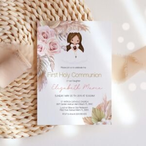 Girl First Holy Communion Invitation, Boho First Holy Communion invitation, Printable Invitation, Editable Template, Pampas grass Watercolor