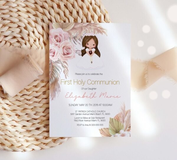 Girl First Holy Communion Invitation, Boho First Holy Communion invitation, Printable Invitation, Editable Template, Pampas grass Watercolor