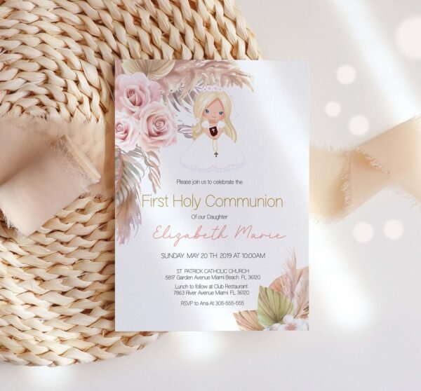 Blond Girl First Holy Communion Invitation, Boho First Holy Communion invitation, Printable Invitation, Editable Template, Pampas grass