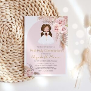 Girl First Holy Communion Invitation Template, Boho First Holy Communion invitation, Printable Invitation, brunette girl, Pampas grass