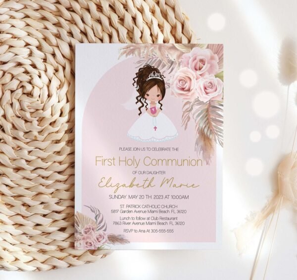 Girl First Communion Invitation Editable Template, Boho First Holy Communion invitation, Printable Invitation, curly girl, Pampas grass