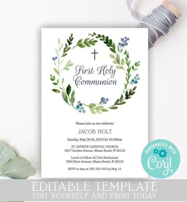 First holy communion invitation boy, printable invitation, wreath watercolor, instant download, boy communion, navy blue, 5x7, FC10 - Image 2