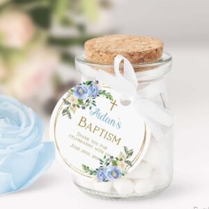 Favor tags Boy Baptism, Christening tags, Floral blue and gold, printable labels, baptism stickers, baptism gift tags