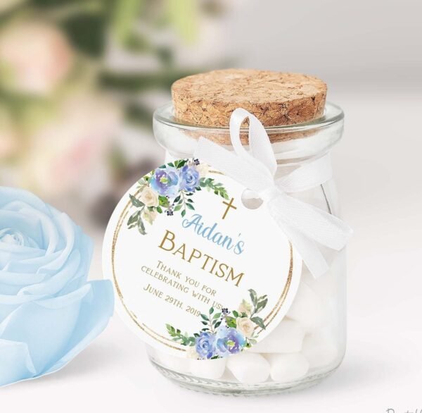 Favor tags Boy Baptism, Christening tags, Floral blue and gold, printable labels, baptism stickers, baptism gift tags