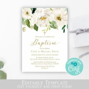 Baptism invitation Girl, Boy Baptism invite, Invitation for Twins or Siblings, Floral White and Gold, Editable Template, Printable