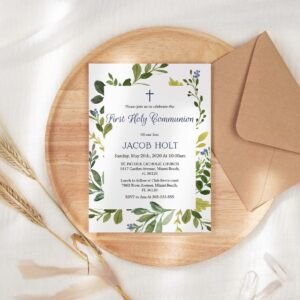 Greenery First communion invitation, printable invitation, frame watercolor, green leaf, editable template, boy communion, 5x7
