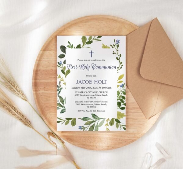 Greenery First communion invitation, printable invitation, frame watercolor, green leaf, editable template, boy communion, 5x7