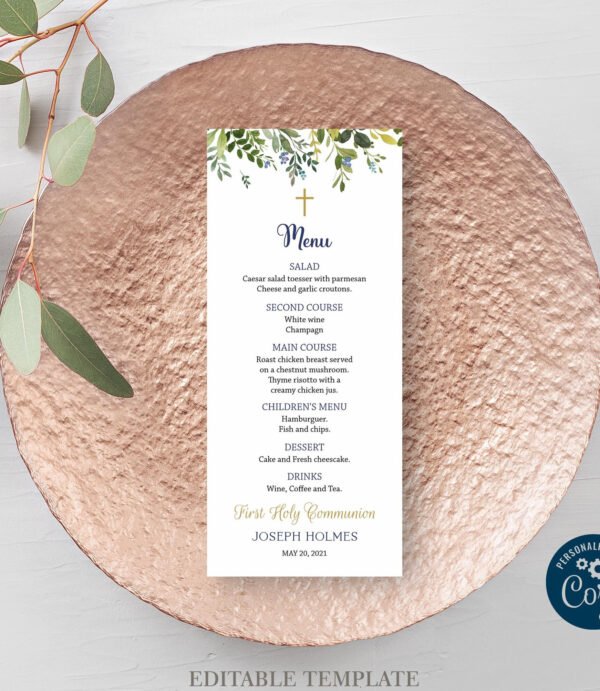 Greenery First communion invitation, printable invitation, frame watercolor, green leaf, editable template, boy communion, 5x7 - Image 9