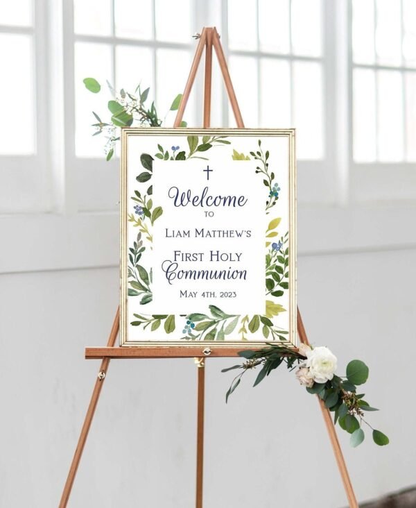 First communion welcome sign boy, Printable sign siblings, Communion Poster, Communion decoration twins, Greenery sign, Navy
