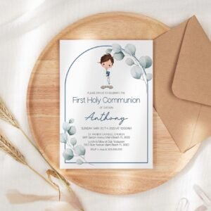 Boy First Holy Communion Invitation Template, Printable Invitation, Editable, Arch Greenery Eucalyptus Watercolor, Navy, FC14